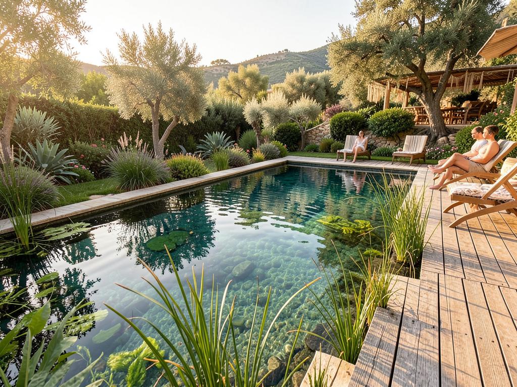 A wooden deck overlooking a lush green valley at sunrise, evoking a natural pool setting
