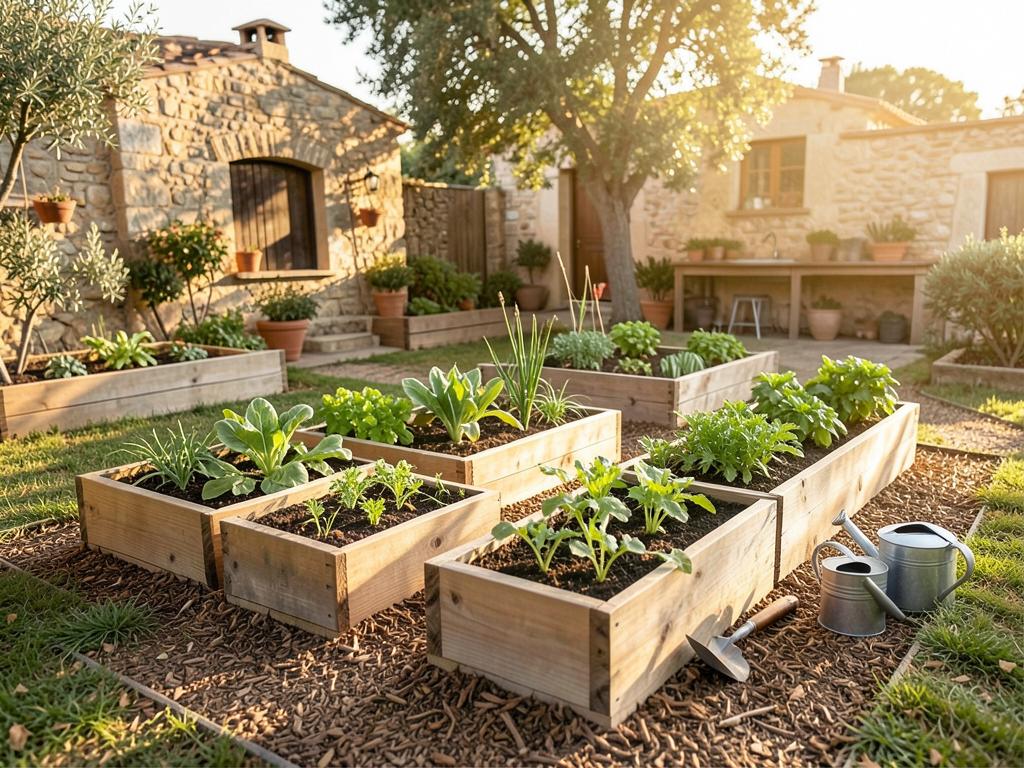 A productive farm garden with rows of vegetables, flowers and people caring for animals