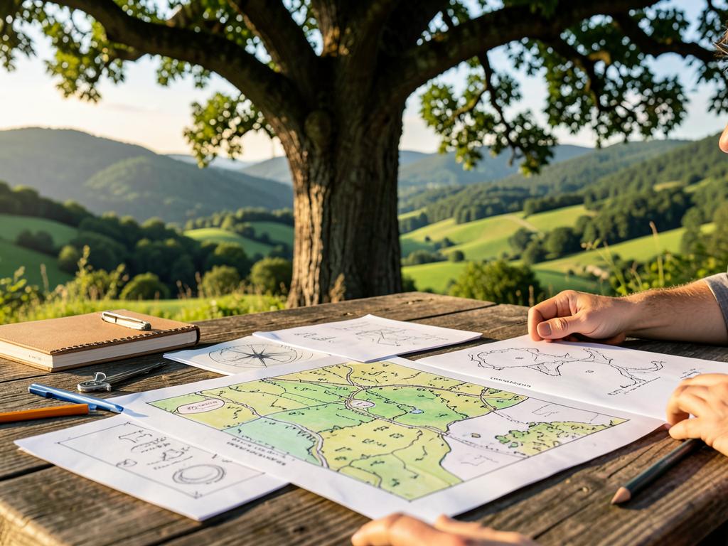 A village nestled into a green valley, showing integrated land planning