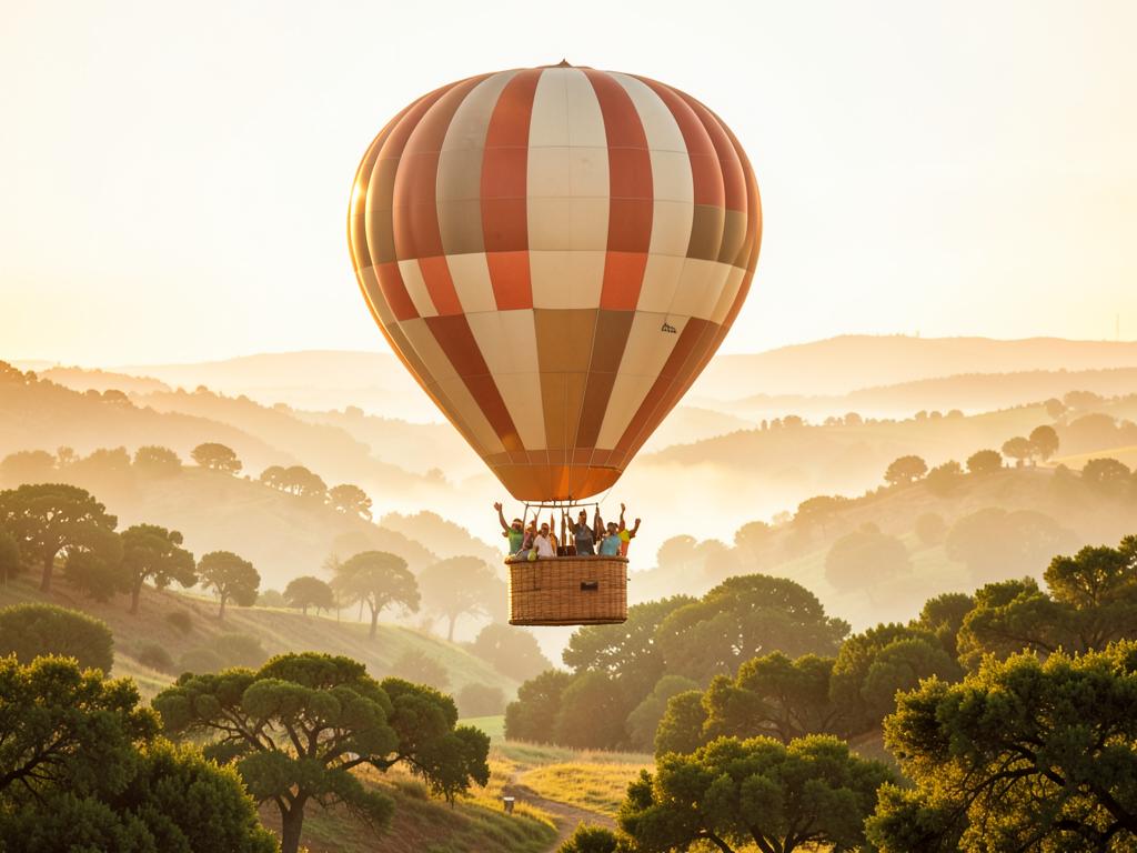 Hot air balloon drifting over the cork-oak hills of central Portugal at sunrise