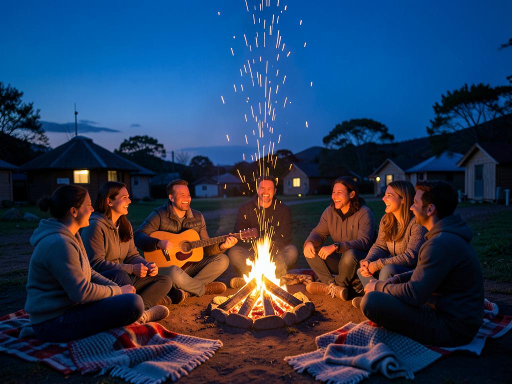 A sharing circle around a campfire under a deep blue twilight sky