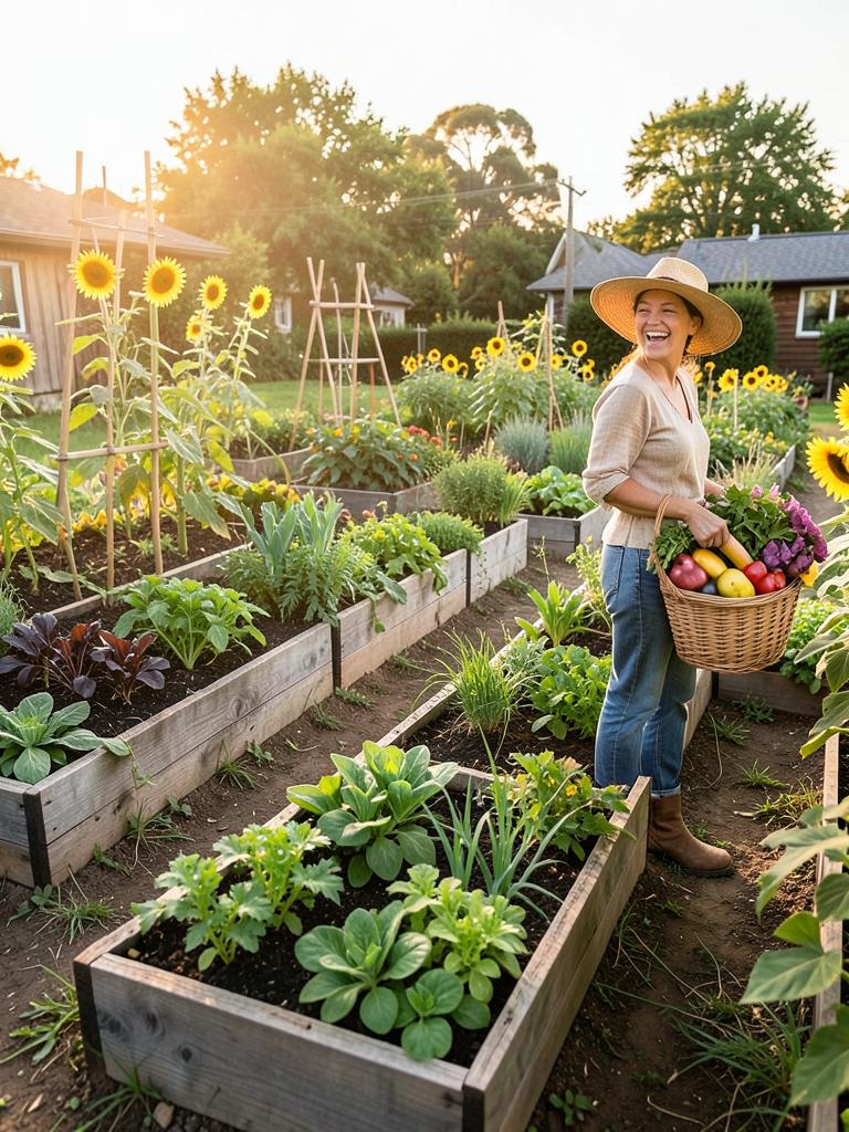 A laughing gardener carrying a basket of fresh harvest between raised beds
