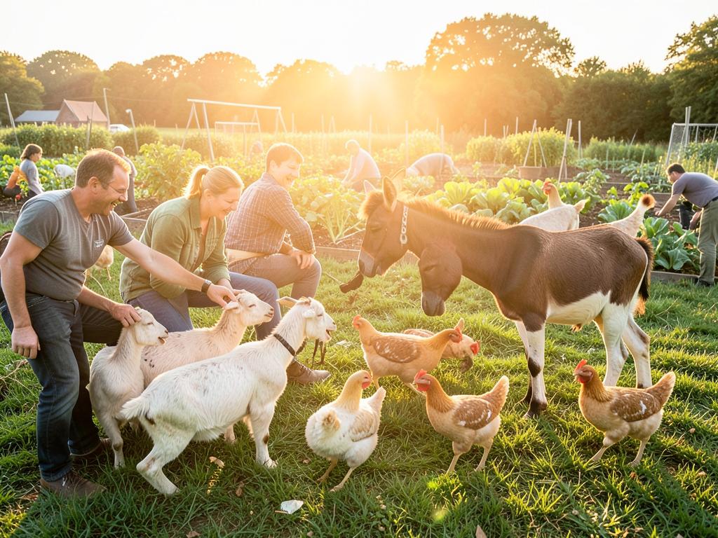 Friends feeding goats, chickens, and a donkey at golden hour