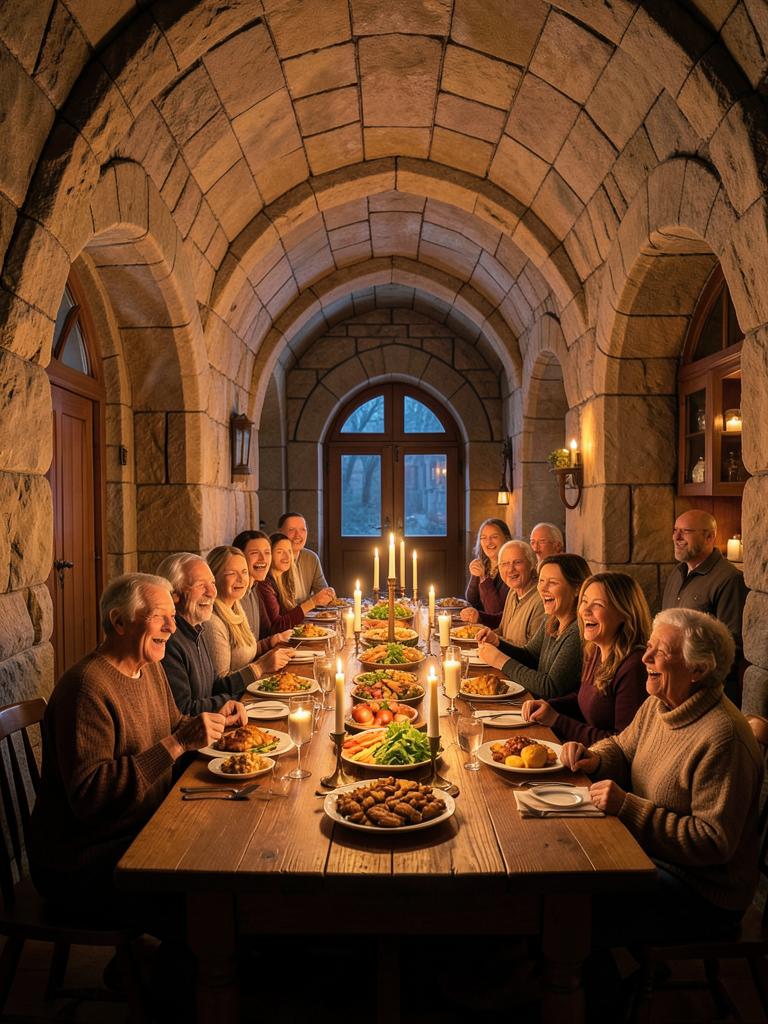 A candlelit stone hall with a long communal dinner table