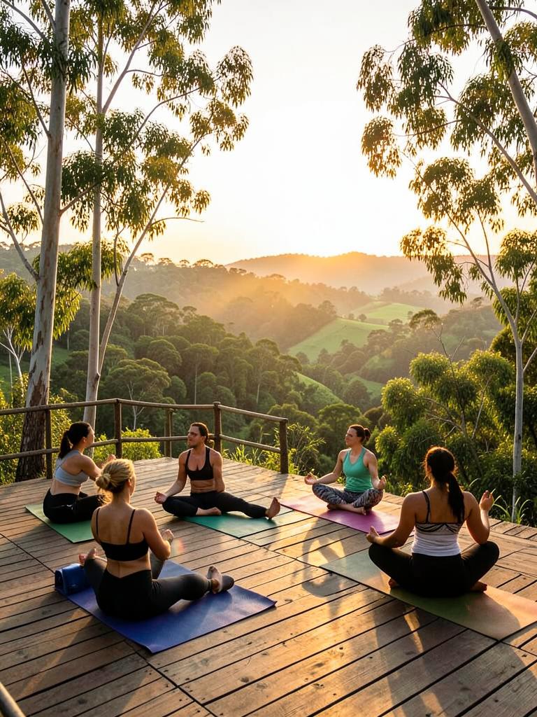 Sunrise yoga on a wooden deck above a green valley