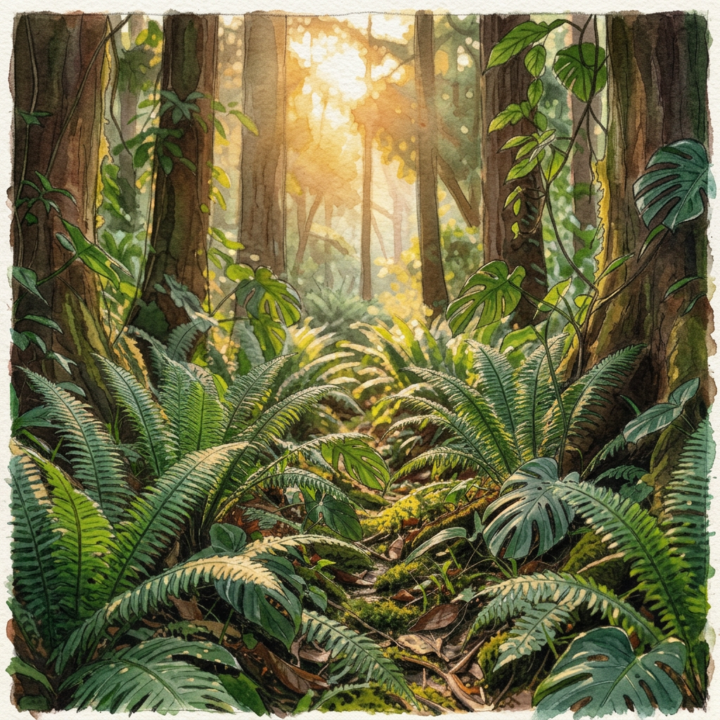 Sunlit forest floor dense with ferns and lush green foliage